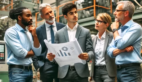 A group of diverse frontline leaders in a manufacturing setting, engaged in a discussion with senior management. They are reviewing a strategic plan together, with machinery and production lines visible in the background. A photo in support of operations article written by Richard Winsor, Greenland, NH