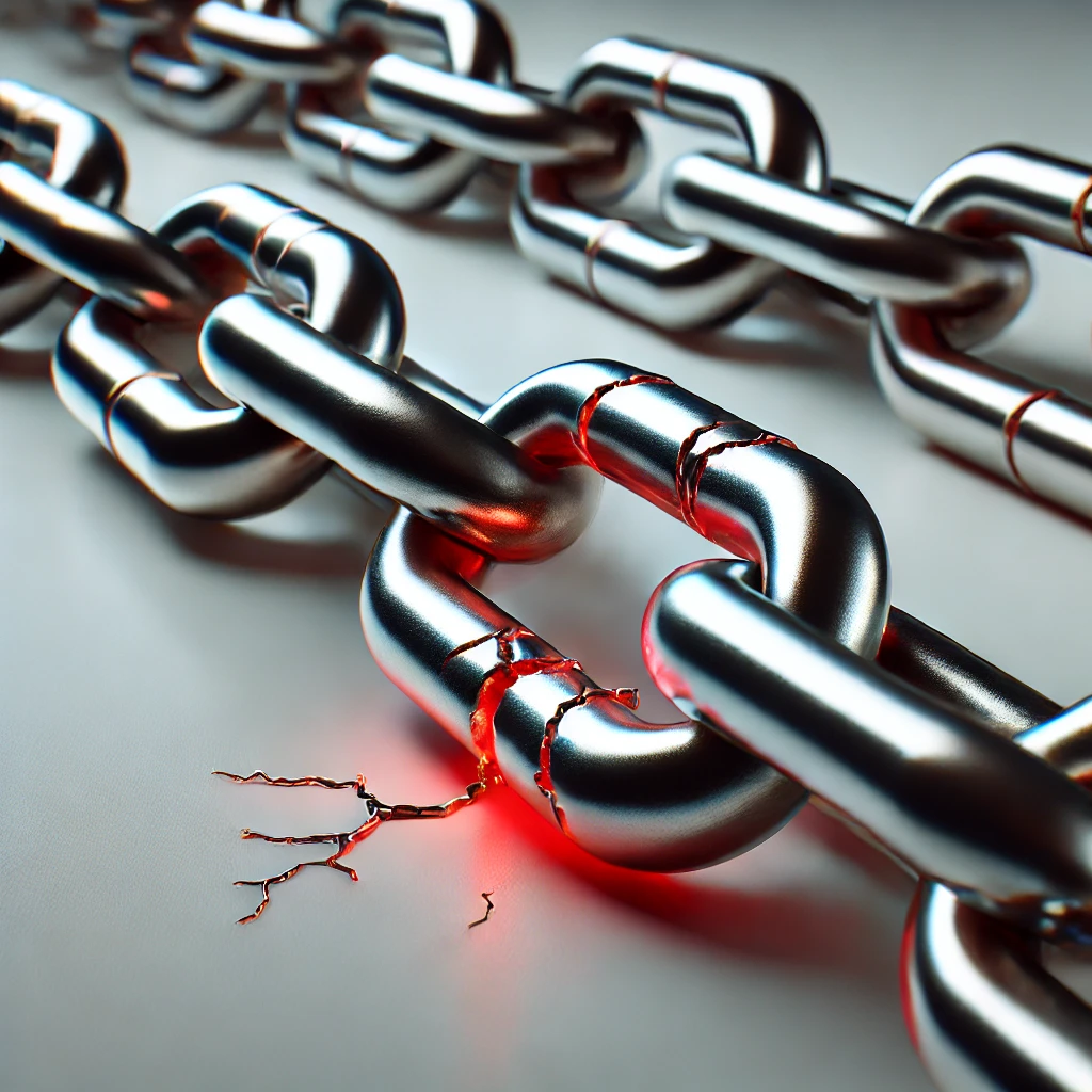 A realistic image of a metallic chain representing a supply chain, with one red link highlighted to symbolize risk.