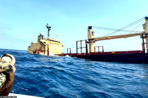 Bulk carrier Tutor sinking in the Red Sea after an attack by Houthi rebels.