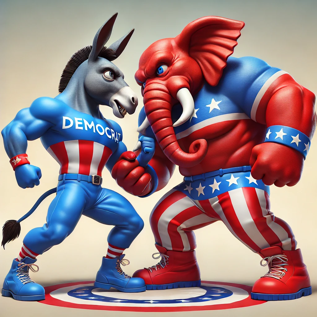 Democrat donkey and Republican elephant in a symbolic political face-off